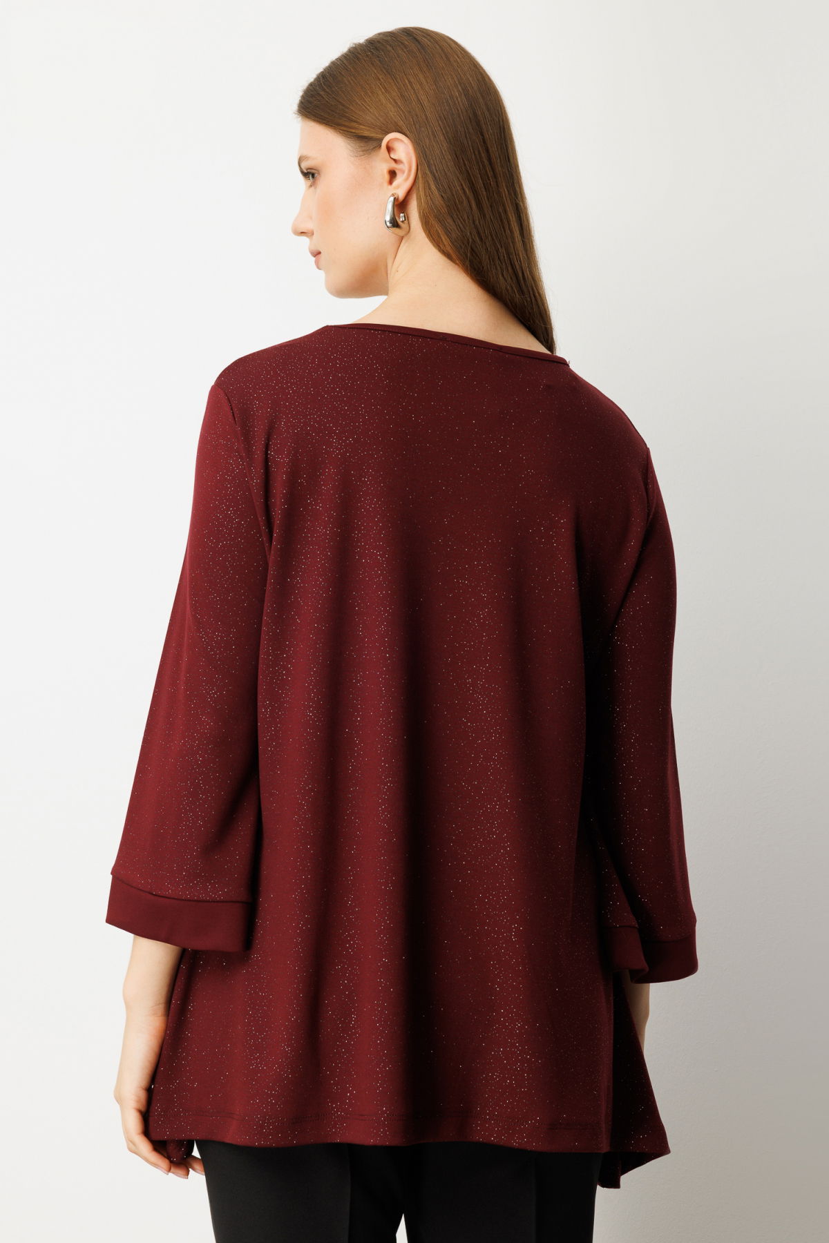 On Kadın Büyük Beden Kumaşı Simli Rahat Kalıp Bluz 61393 Bordo - 4