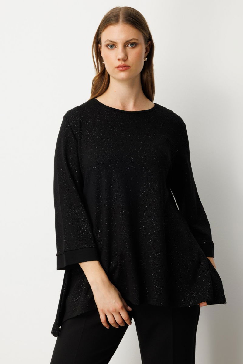 On Kadın Büyük Beden Kumaşı Simli Rahat Kalıp Bluz 61393 Siyah - On