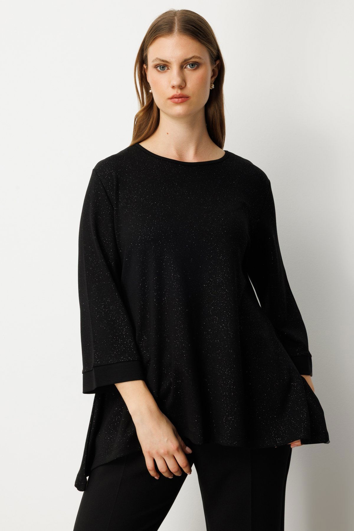 On Kadın Büyük Beden Kumaşı Simli Rahat Kalıp Bluz 61393 Siyah - 1