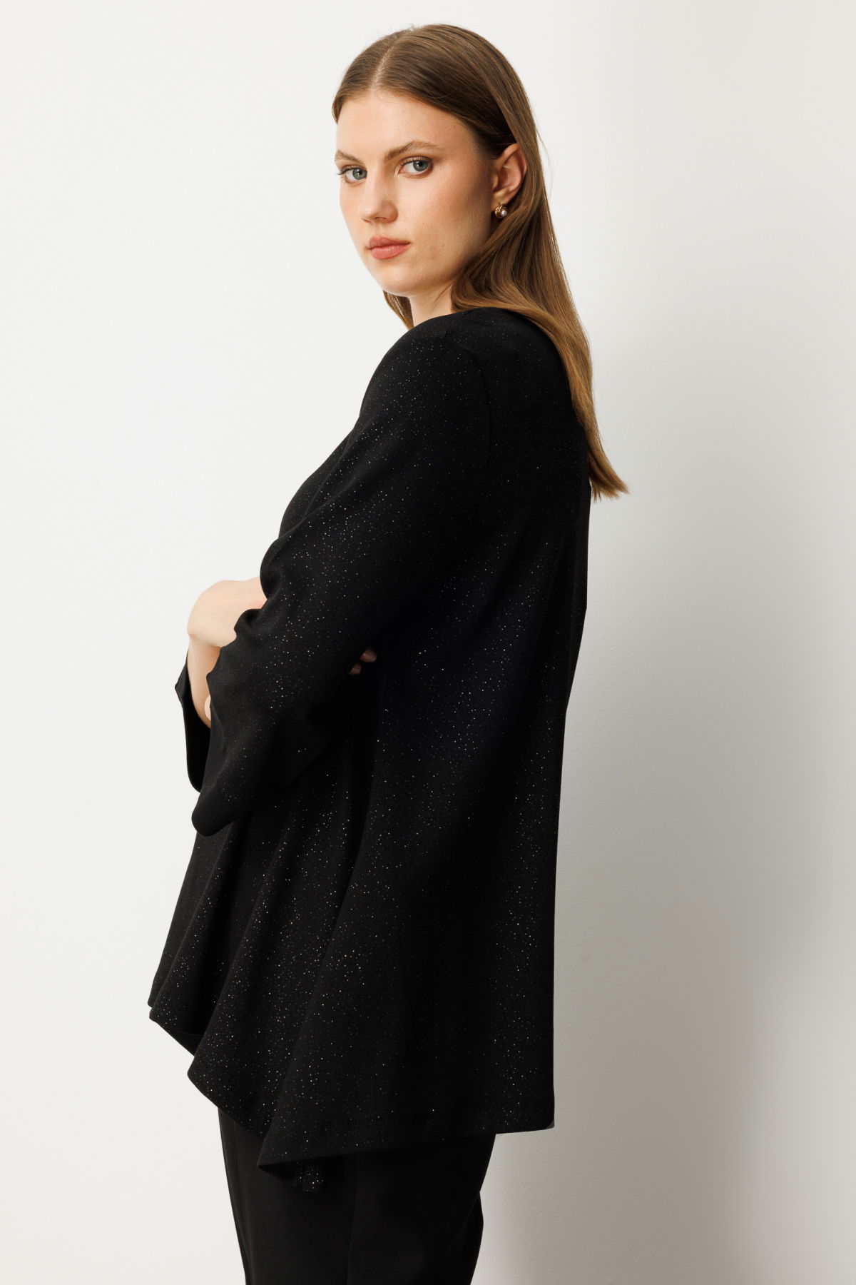 On Kadın Büyük Beden Kumaşı Simli Rahat Kalıp Bluz 61393 Siyah - 2