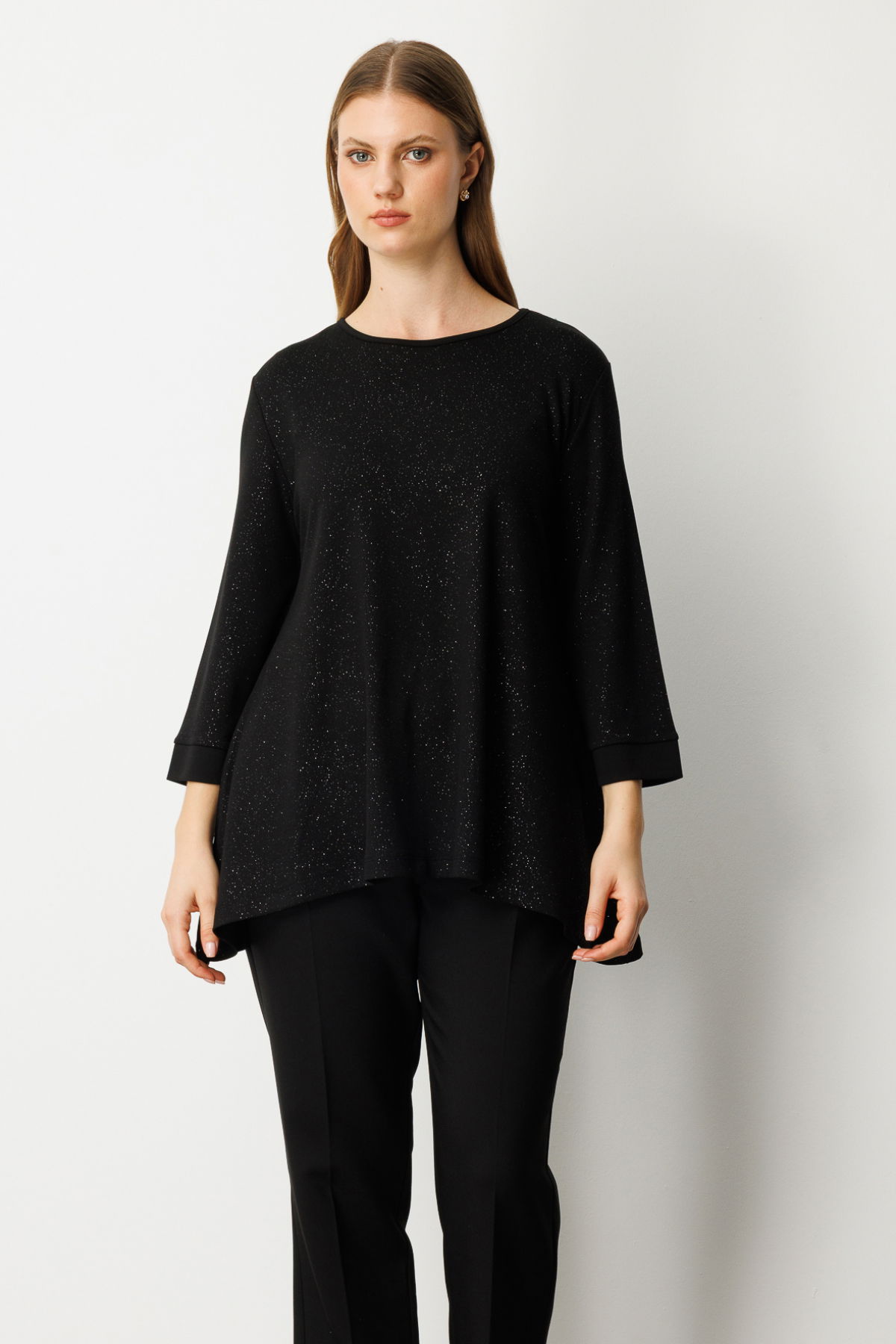 On Kadın Büyük Beden Kumaşı Simli Rahat Kalıp Bluz 61393 Siyah - 3