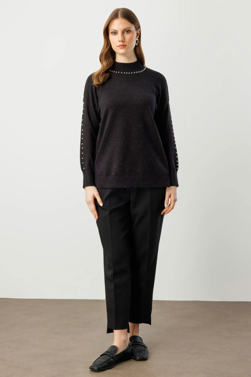 On Kadın Büyük Beden Kumaşı Simli Zımba Detaylı Triko Kazak 60307 Siyah - 3