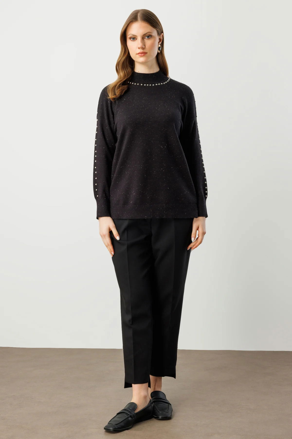 On Kadın Büyük Beden Kumaşı Simli Zımba Detaylı Triko Kazak 60307 Siyah - 3