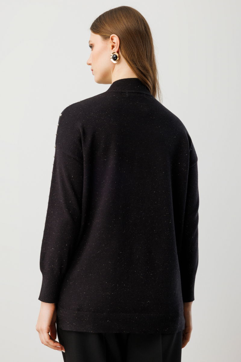 On Kadın Büyük Beden Kumaşı Simli Zımba Detaylı Triko Kazak 60307 Siyah - 5