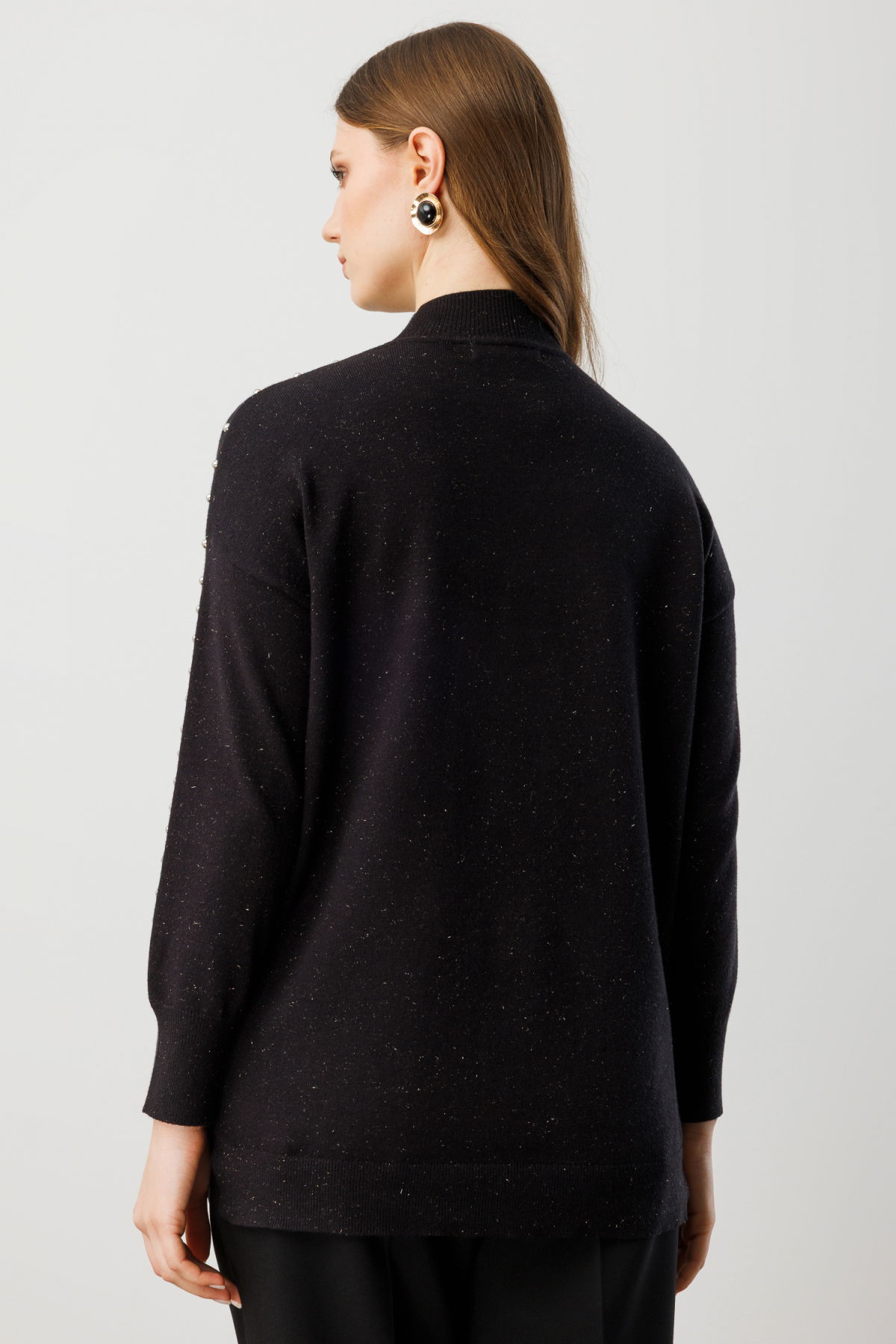 On Kadın Büyük Beden Kumaşı Simli Zımba Detaylı Triko Kazak 60307 Siyah - 5