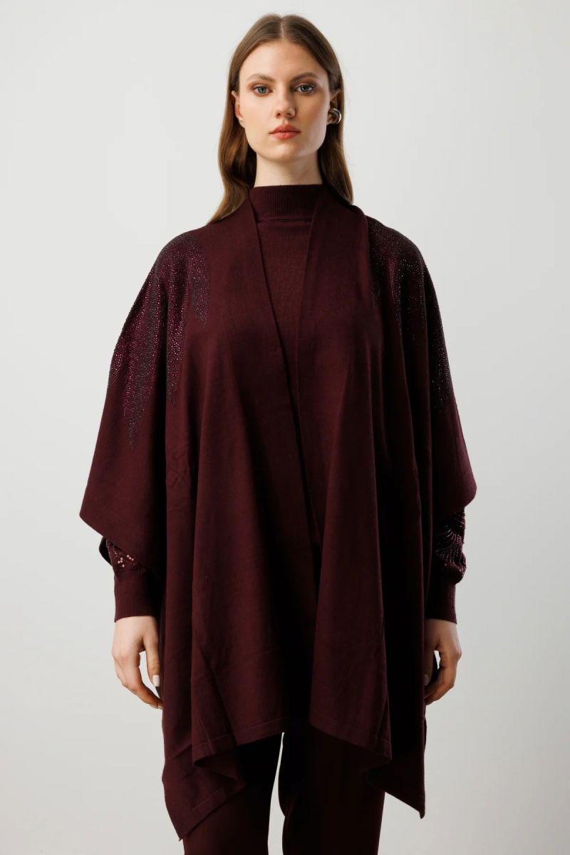 On Kadın Büyük Beden Omuzları Taşlı Yarasa Kol Hırka 60322 Bordo - On