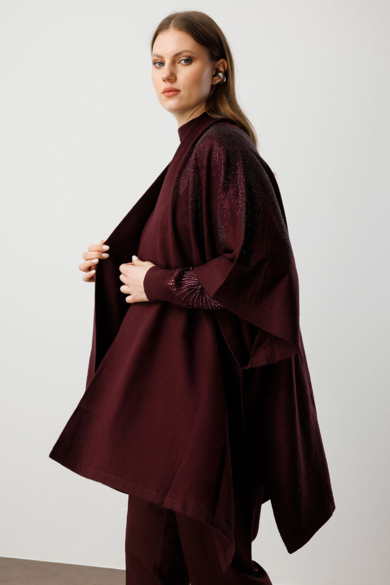 On Kadın Büyük Beden Omuzları Taşlı Yarasa Kol Hırka 60322 Bordo - 2