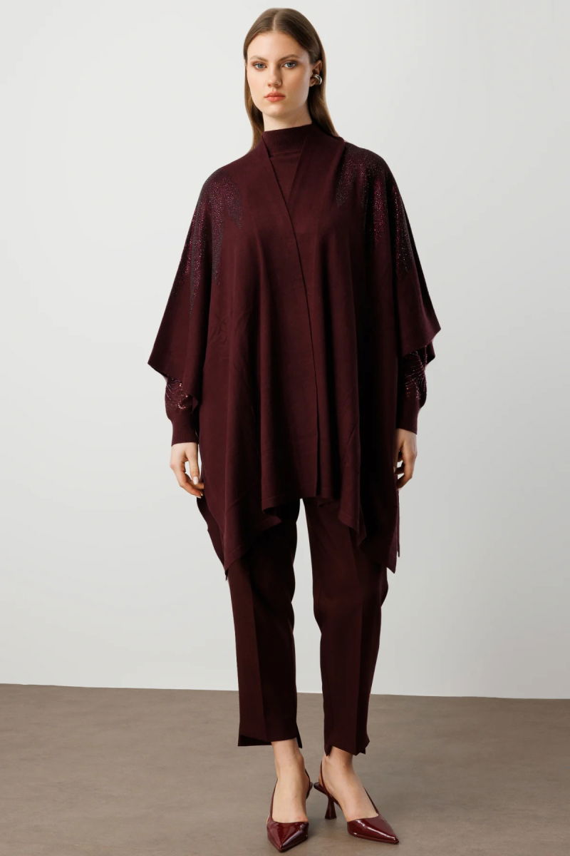 On Kadın Büyük Beden Omuzları Taşlı Yarasa Kol Hırka 60322 Bordo - 3