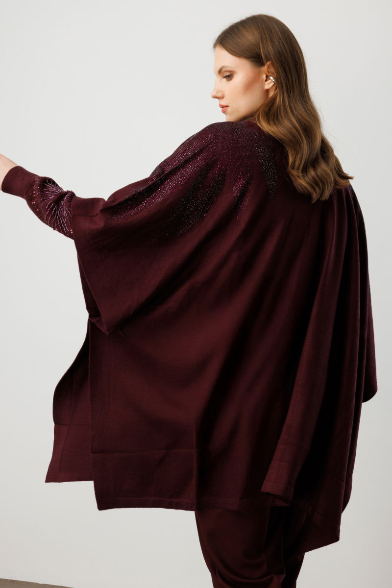 On Kadın Büyük Beden Omuzları Taşlı Yarasa Kol Hırka 60322 Bordo - 4