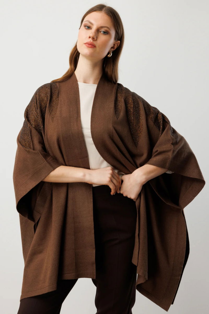 On Kadın Büyük Beden Omuzları Taşlı Yarasa Kol Hırka 60322 Kahverengi - On