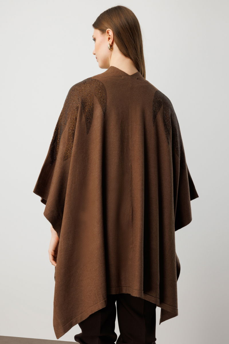 On Kadın Büyük Beden Omuzları Taşlı Yarasa Kol Hırka 60322 Kahverengi - 4