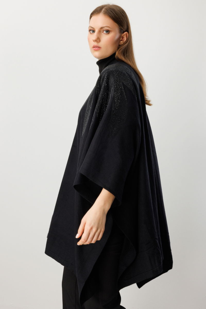 On Kadın Büyük Beden Omuzları Taşlı Yarasa Kol Hırka 60322 Siyah - 2