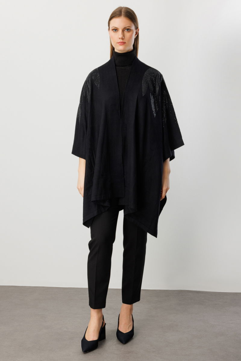 On Kadın Büyük Beden Omuzları Taşlı Yarasa Kol Hırka 60322 Siyah - 3