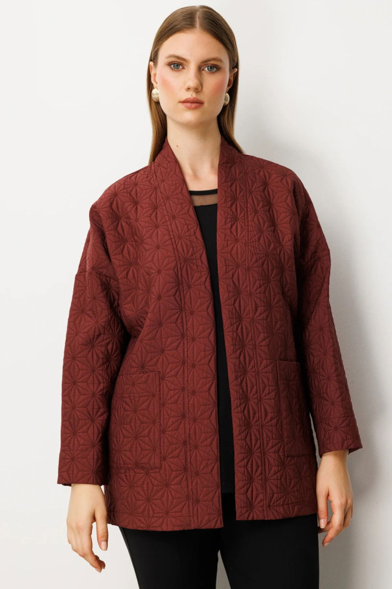 On Kadın Büyük Beden Önü Açık Desenli Ceket 65202 Bordo - On