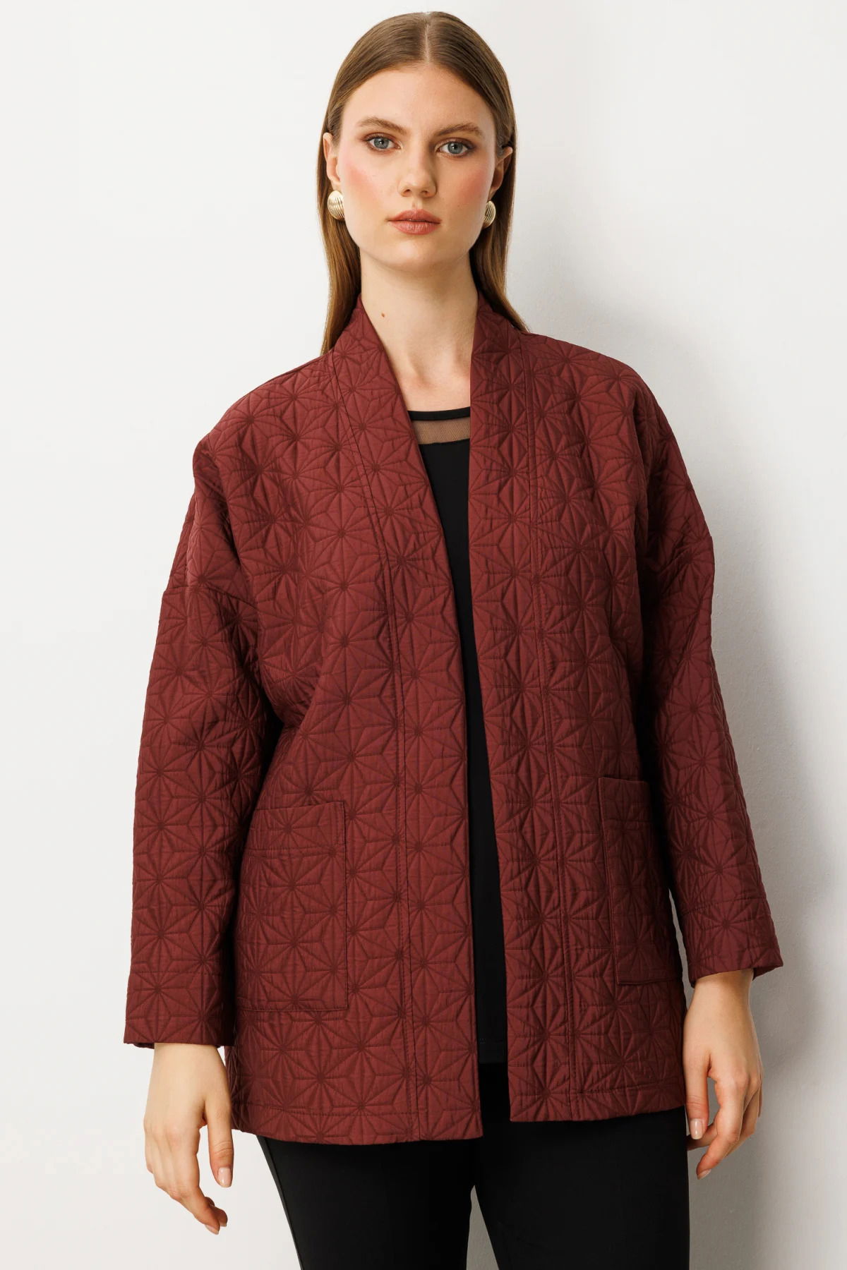 On Kadın Büyük Beden Önü Açık Desenli Ceket 65202 Bordo - 1