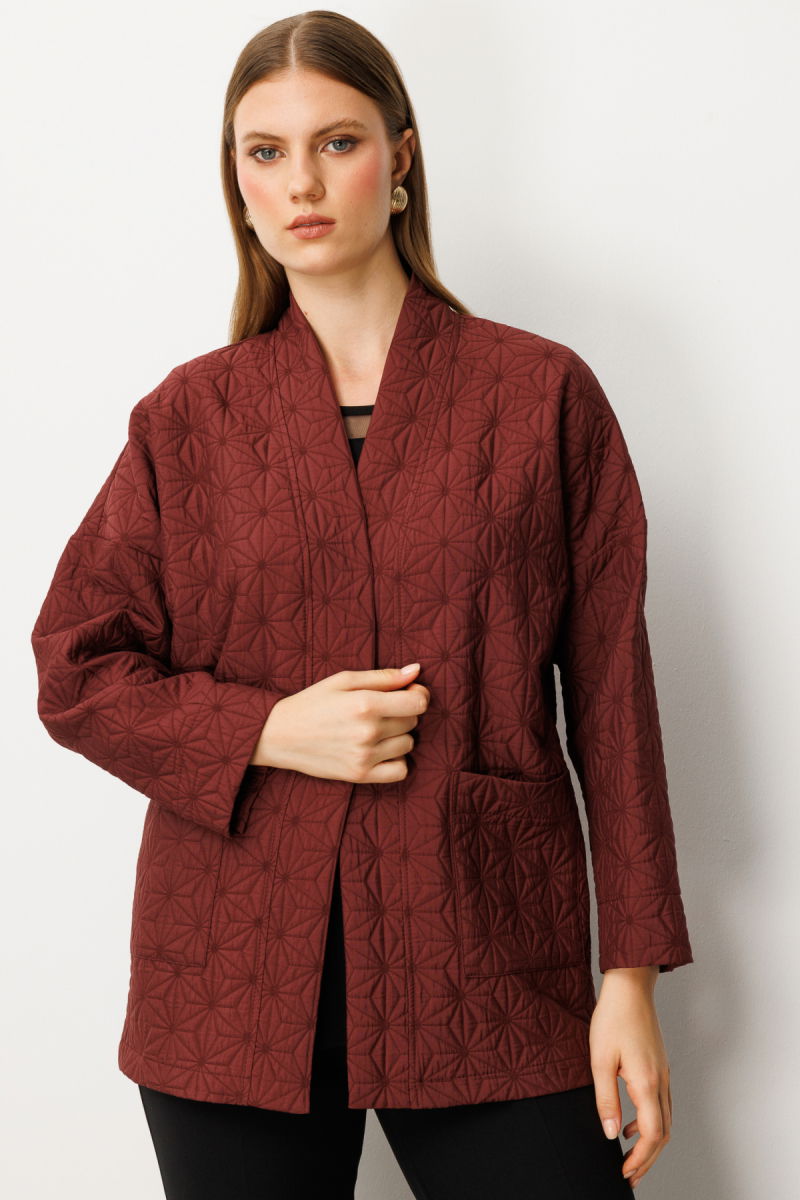 On Kadın Büyük Beden Önü Açık Desenli Ceket 65202 Bordo - 2