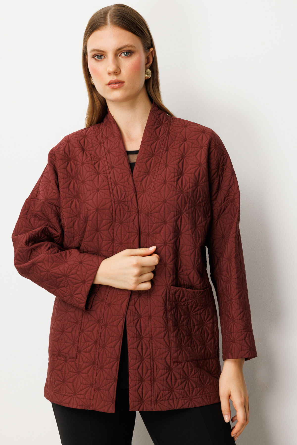 On Kadın Büyük Beden Önü Açık Desenli Ceket 65202 Bordo - 2