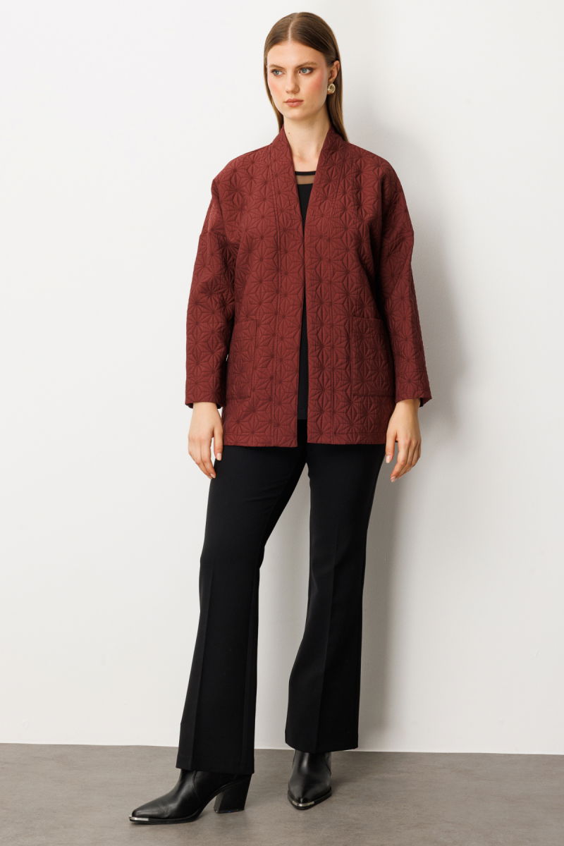 On Kadın Büyük Beden Önü Açık Desenli Ceket 65202 Bordo - 3