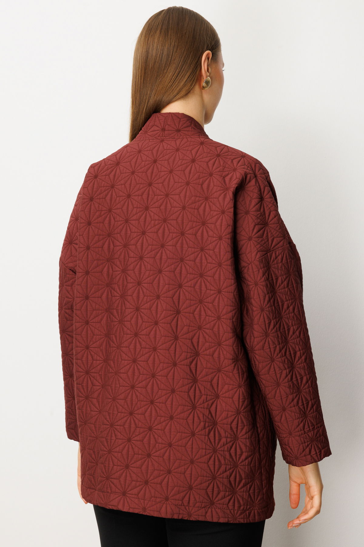 On Kadın Büyük Beden Önü Açık Desenli Ceket 65202 Bordo - 4