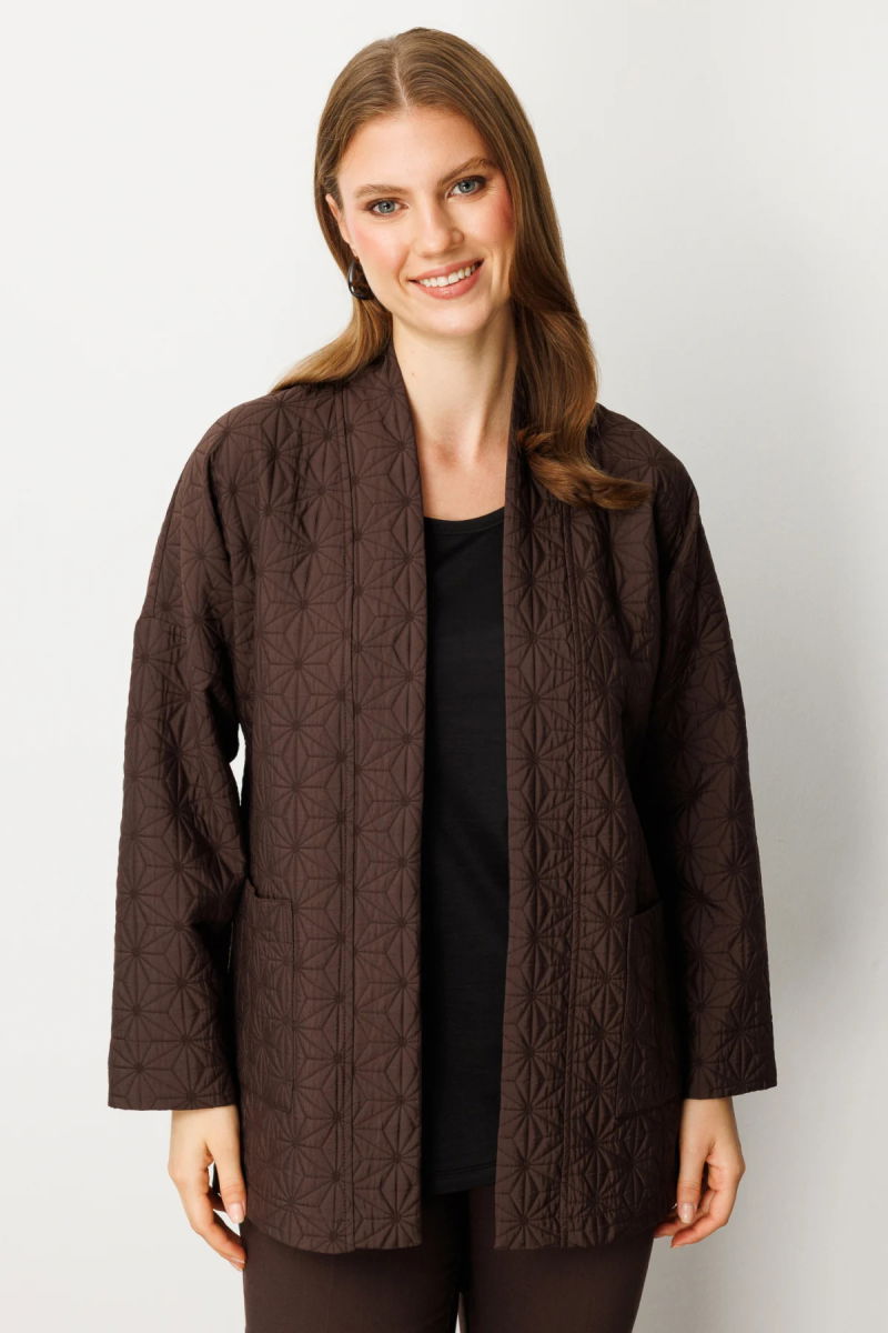 On Kadın Büyük Beden Önü Açık Desenli Ceket 65202 Kahverengi - On