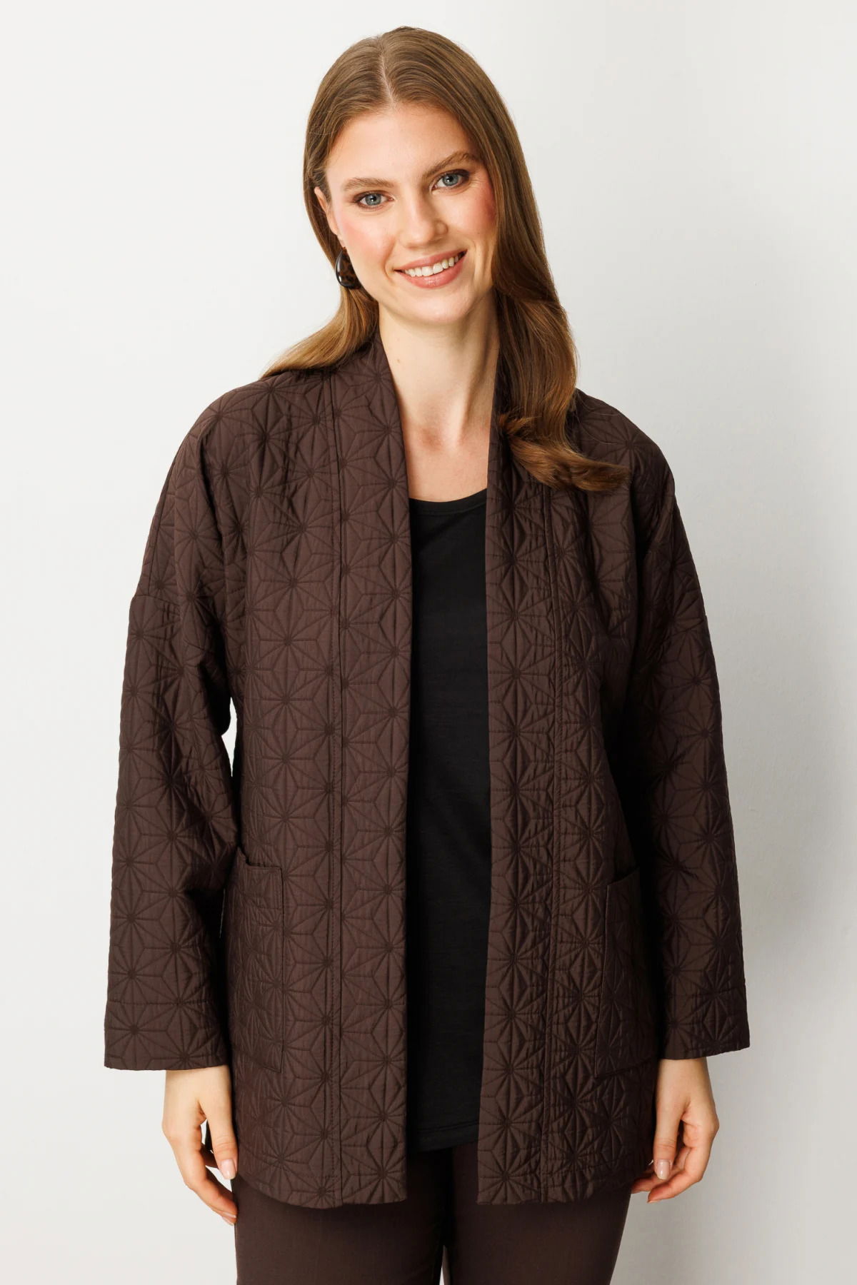 On Kadın Büyük Beden Önü Açık Desenli Ceket 65202 Kahverengi - 1