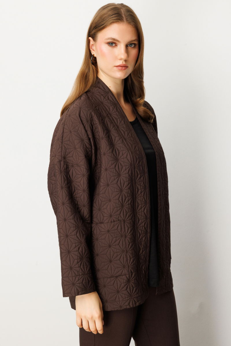 On Kadın Büyük Beden Önü Açık Desenli Ceket 65202 Kahverengi - 2