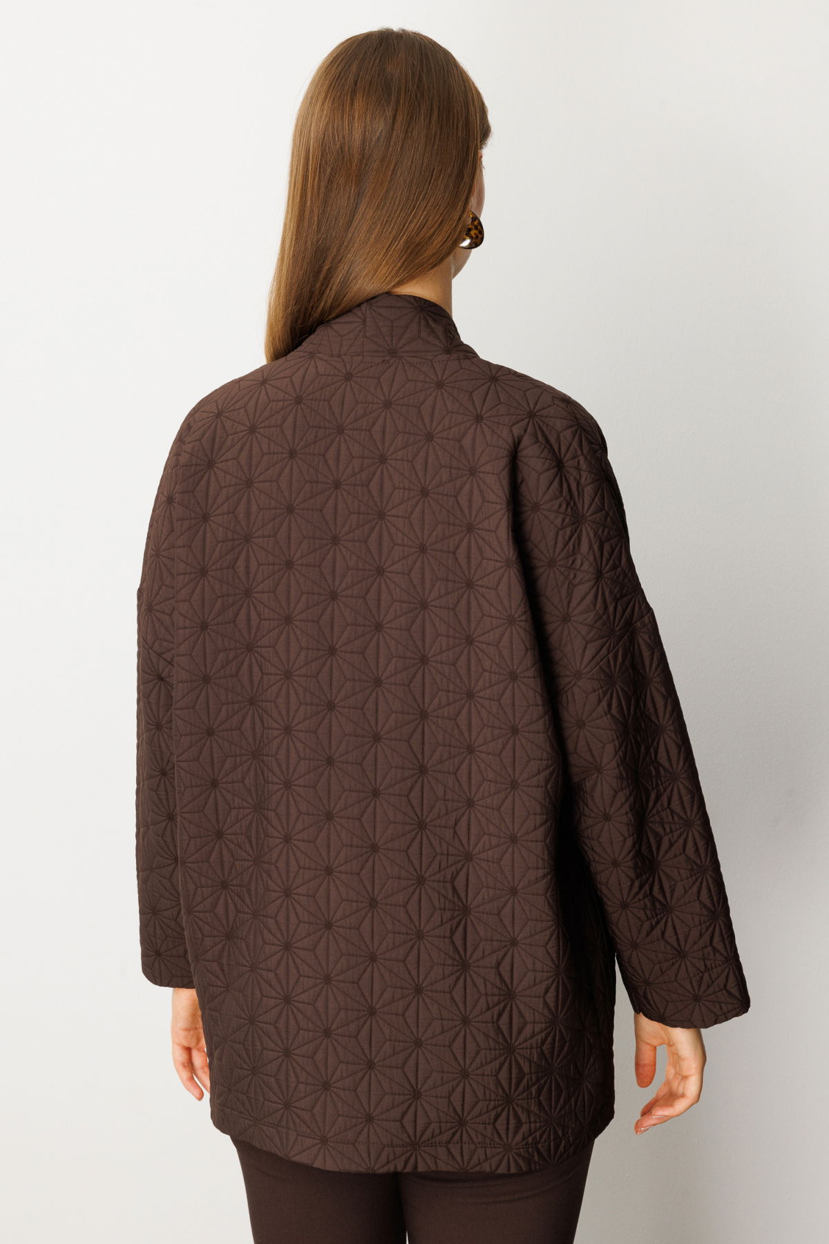 On Kadın Büyük Beden Önü Açık Desenli Ceket 65202 Kahverengi - 4