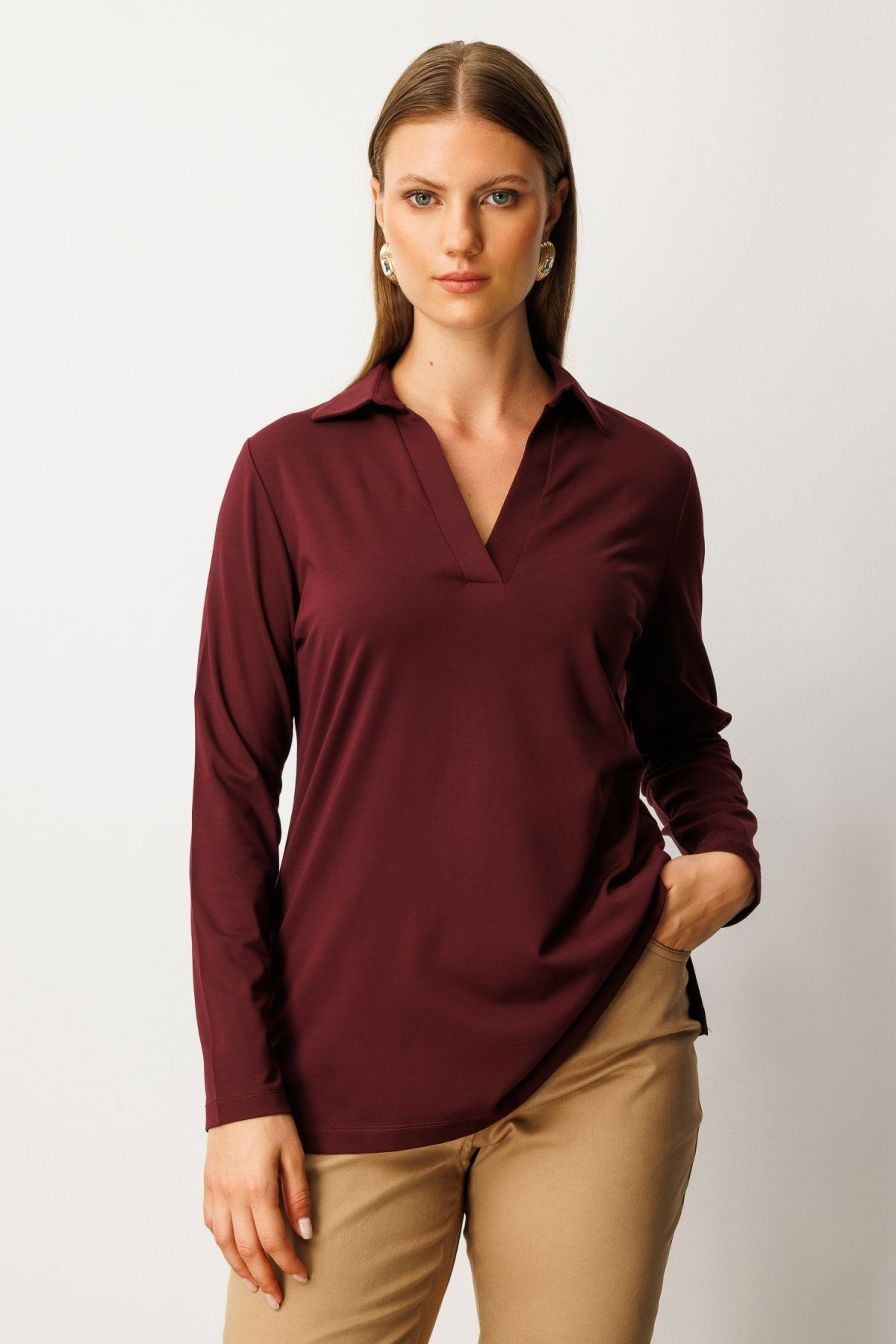 On Kadın Büyük Beden Polo Yaka Basic Bluz 61332 Bordo - 1