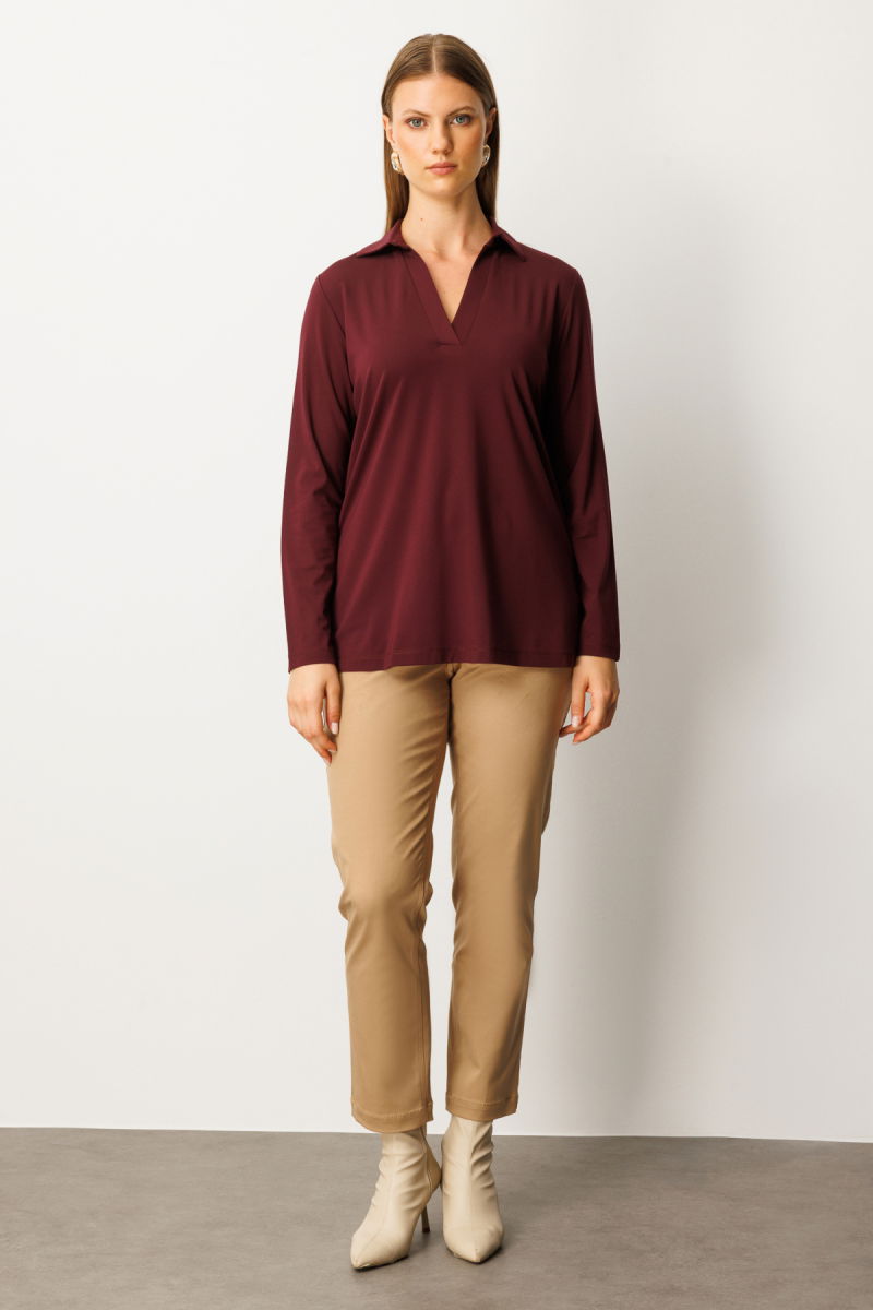 On Kadın Büyük Beden Polo Yaka Basic Bluz 61332 Bordo - 3