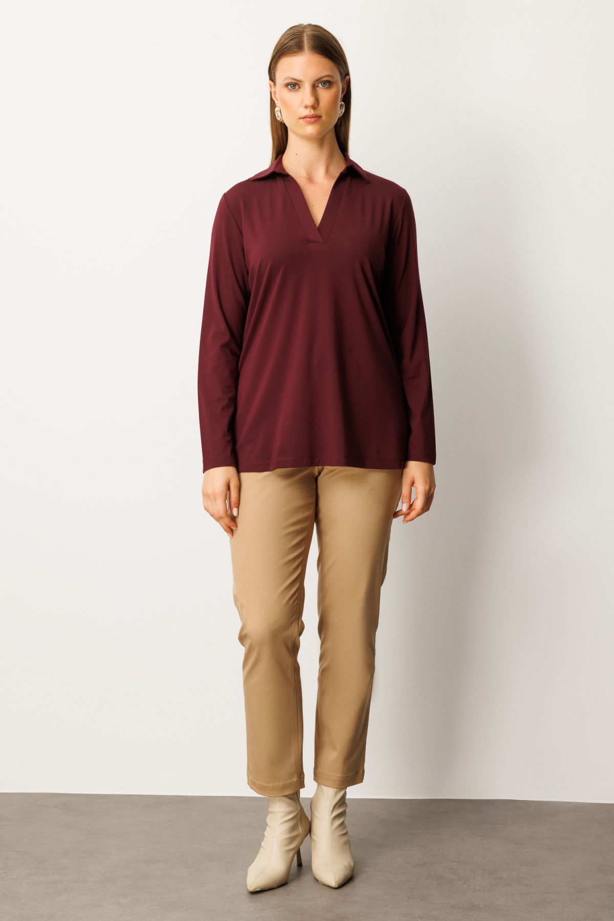 On Kadın Büyük Beden Polo Yaka Basic Bluz 61332 Bordo - 3