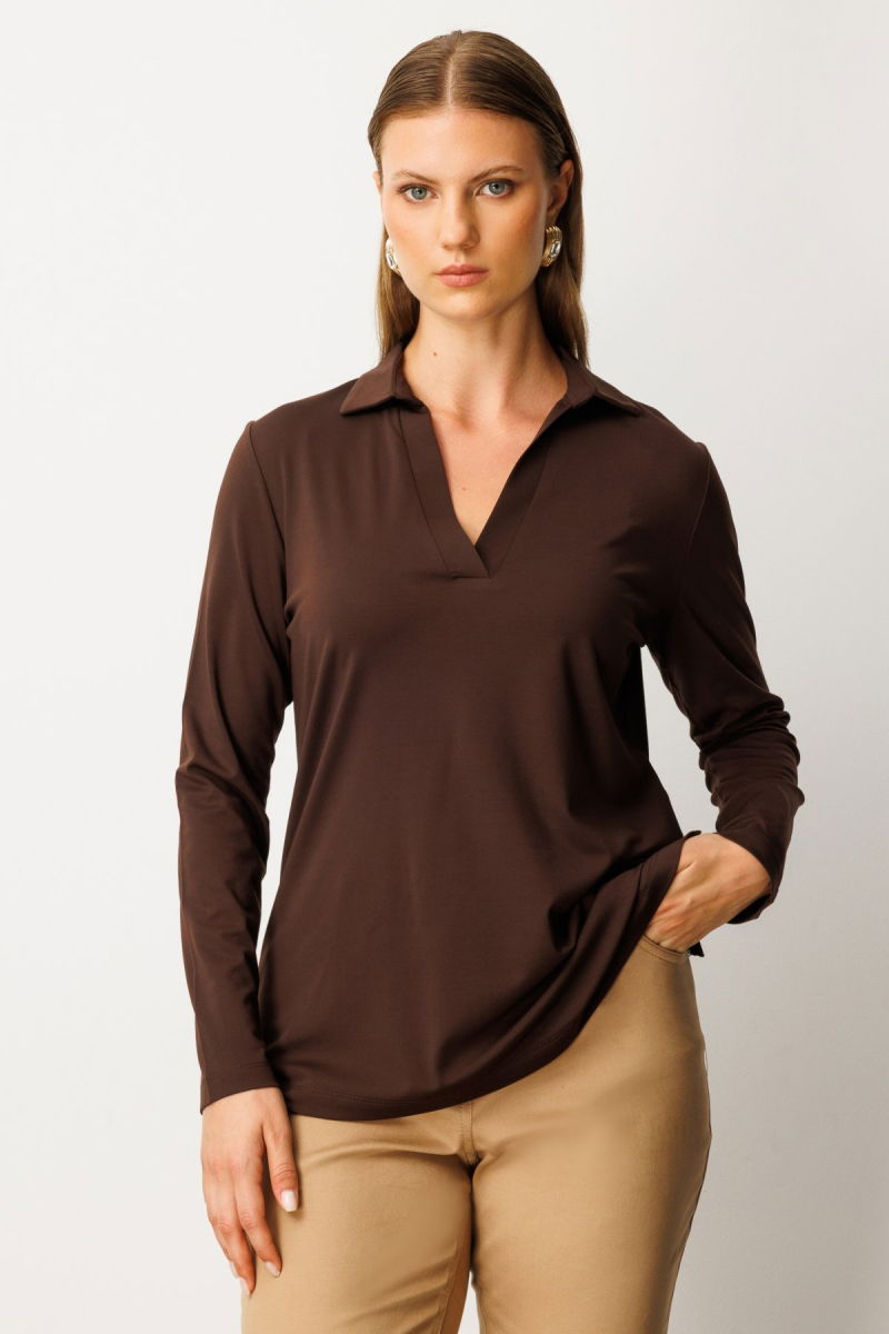 On Kadın Büyük Beden Polo Yaka Basic Bluz 61332 Kahverengi - On