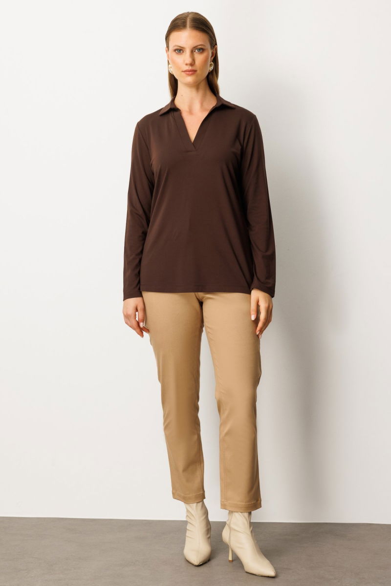 On Kadın Büyük Beden Polo Yaka Basic Bluz 61332 Kahverengi - 3