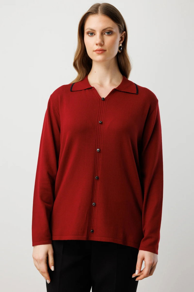 On Kadın Büyük Beden Süs Düğmeli Polo Yaka Triko Kazak 65384 Bordo - On