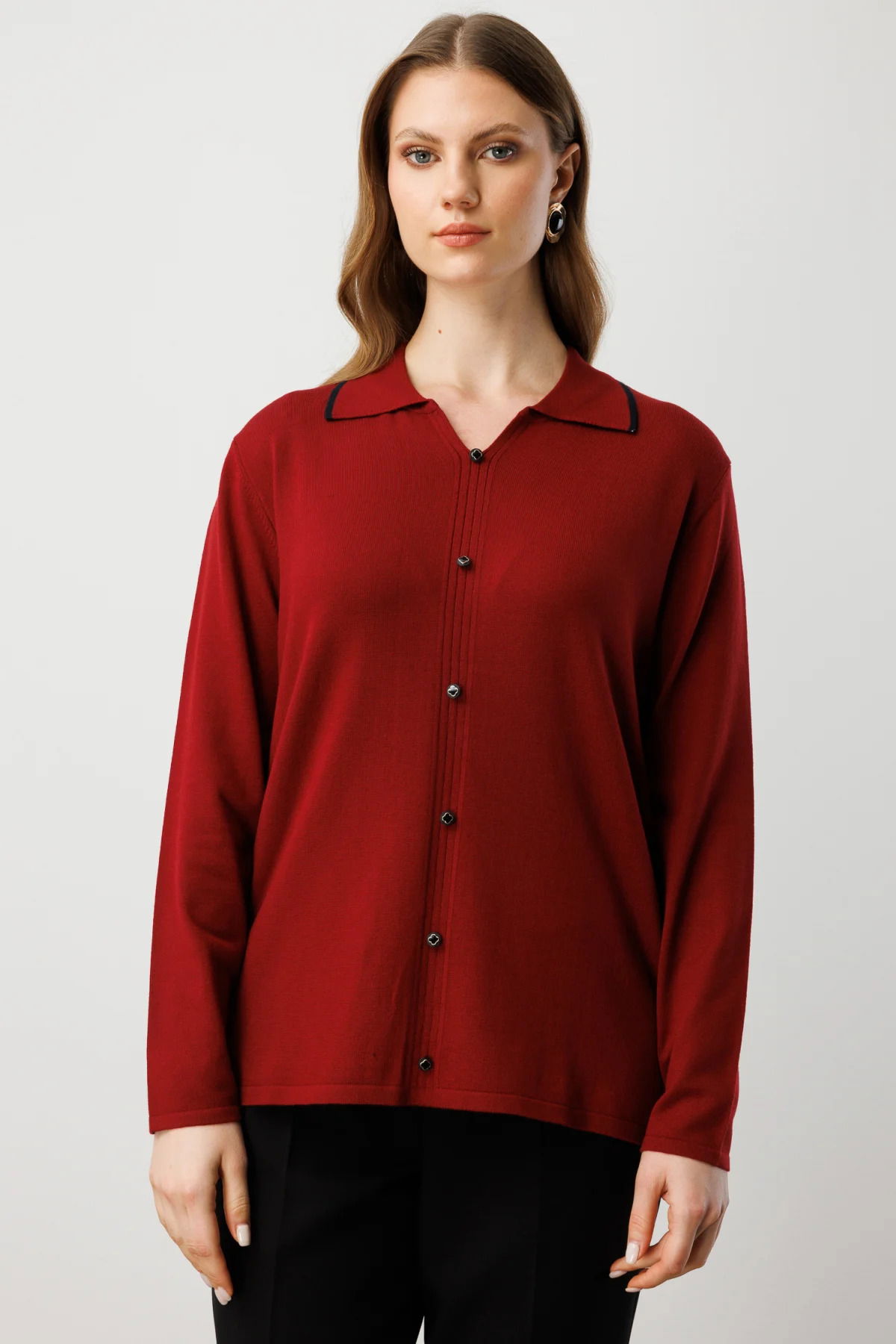 On Kadın Büyük Beden Süs Düğmeli Polo Yaka Triko Kazak 65384 Bordo - 1