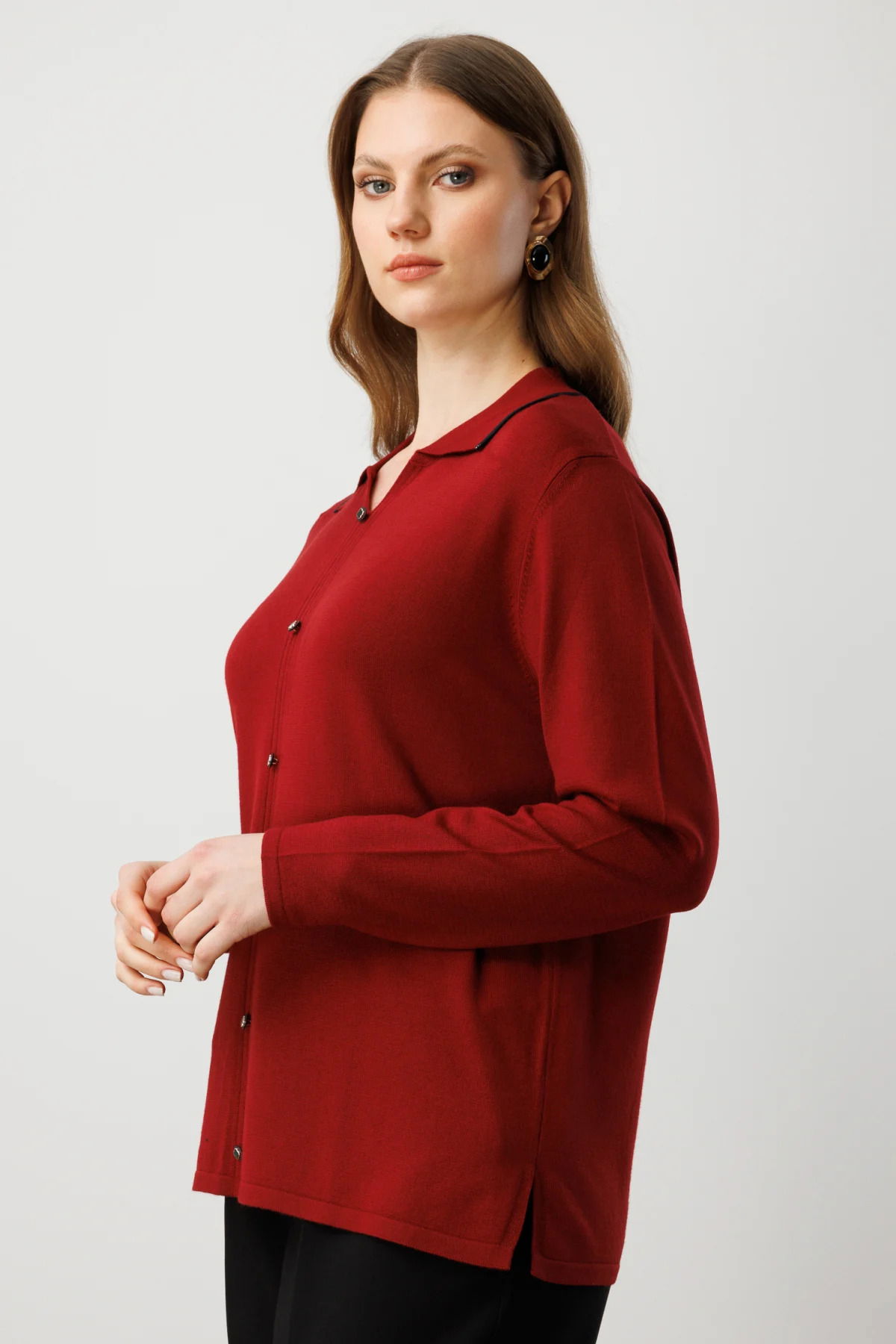 On Kadın Büyük Beden Süs Düğmeli Polo Yaka Triko Kazak 65384 Bordo - 2