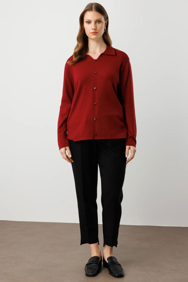 On Kadın Büyük Beden Süs Düğmeli Polo Yaka Triko Kazak 65384 Bordo - 3