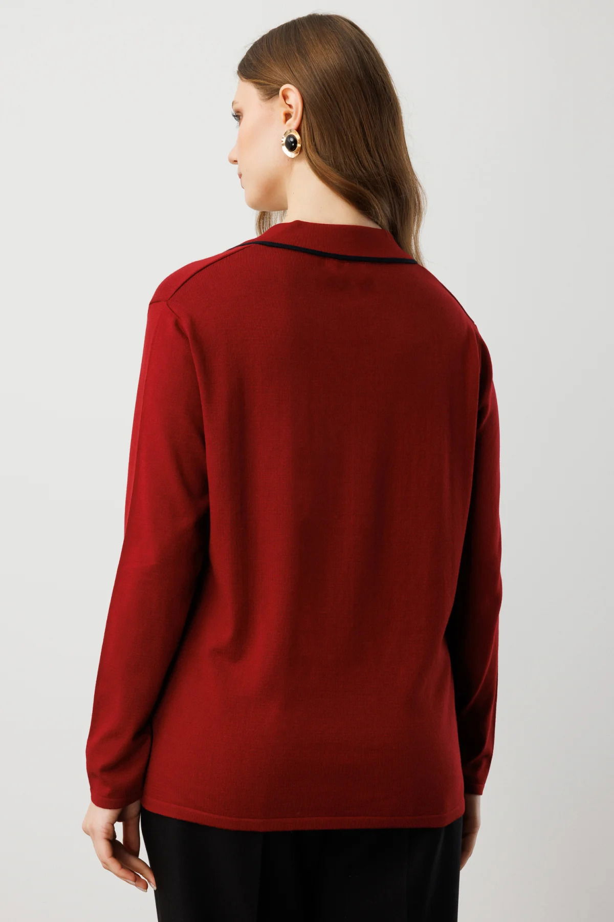 On Kadın Büyük Beden Süs Düğmeli Polo Yaka Triko Kazak 65384 Bordo - 4