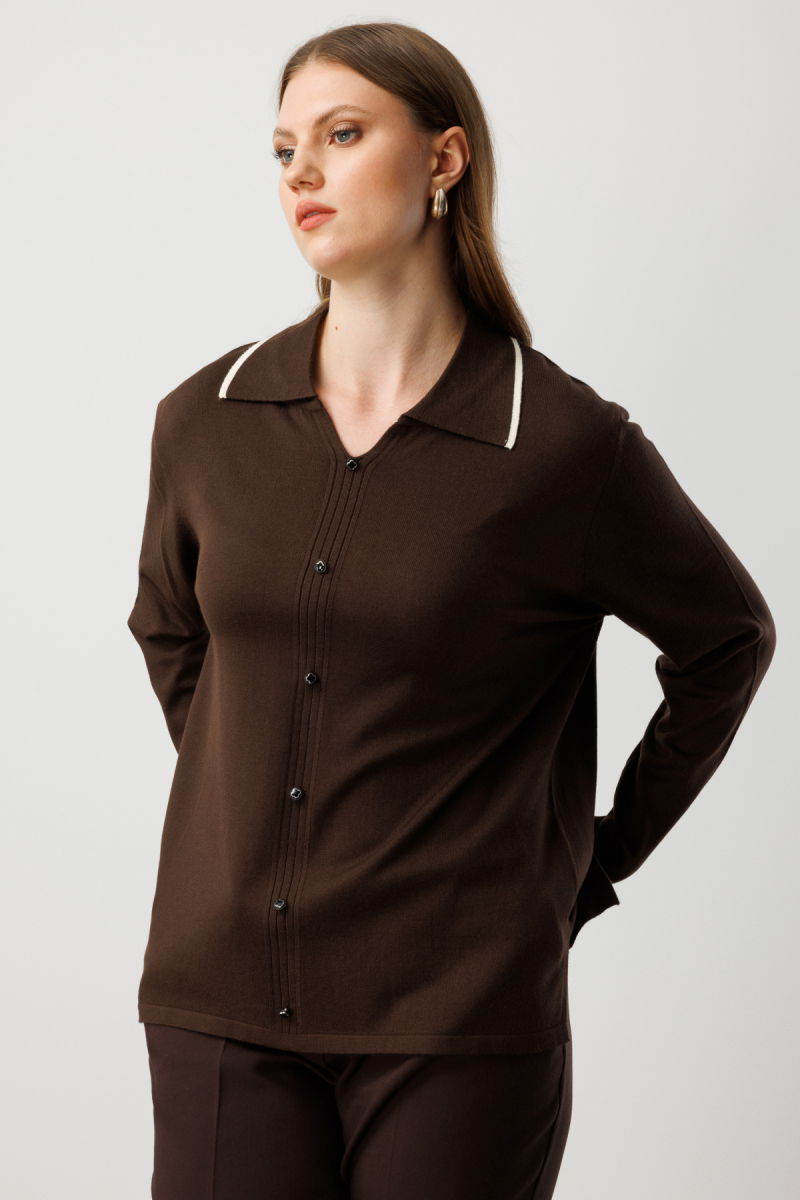 On Kadın Büyük Beden Süs Düğmeli Polo Yaka Triko Kazak 65384 Kahverengi - On