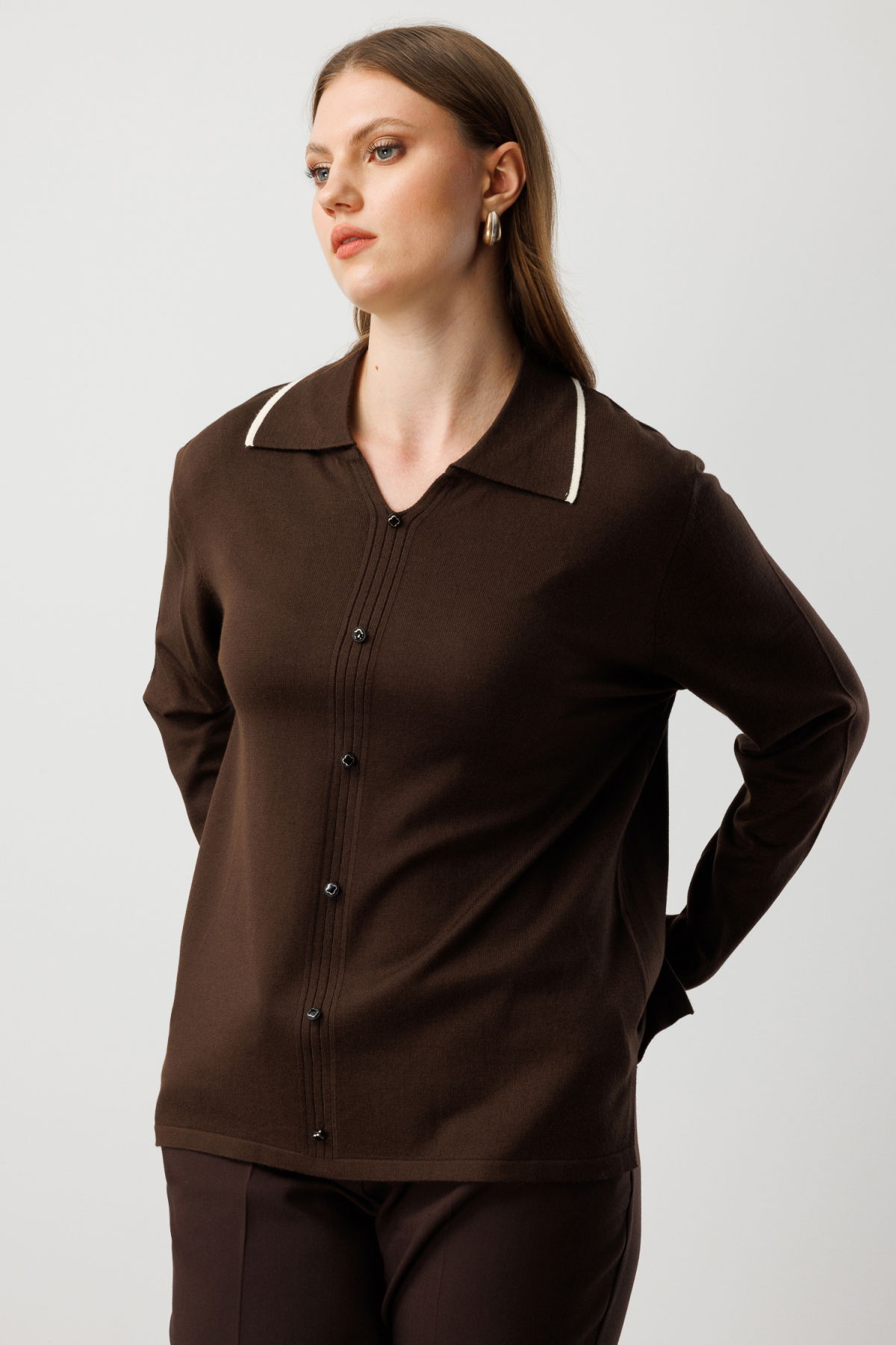 On Kadın Büyük Beden Süs Düğmeli Polo Yaka Triko Kazak 65384 Kahverengi - 1