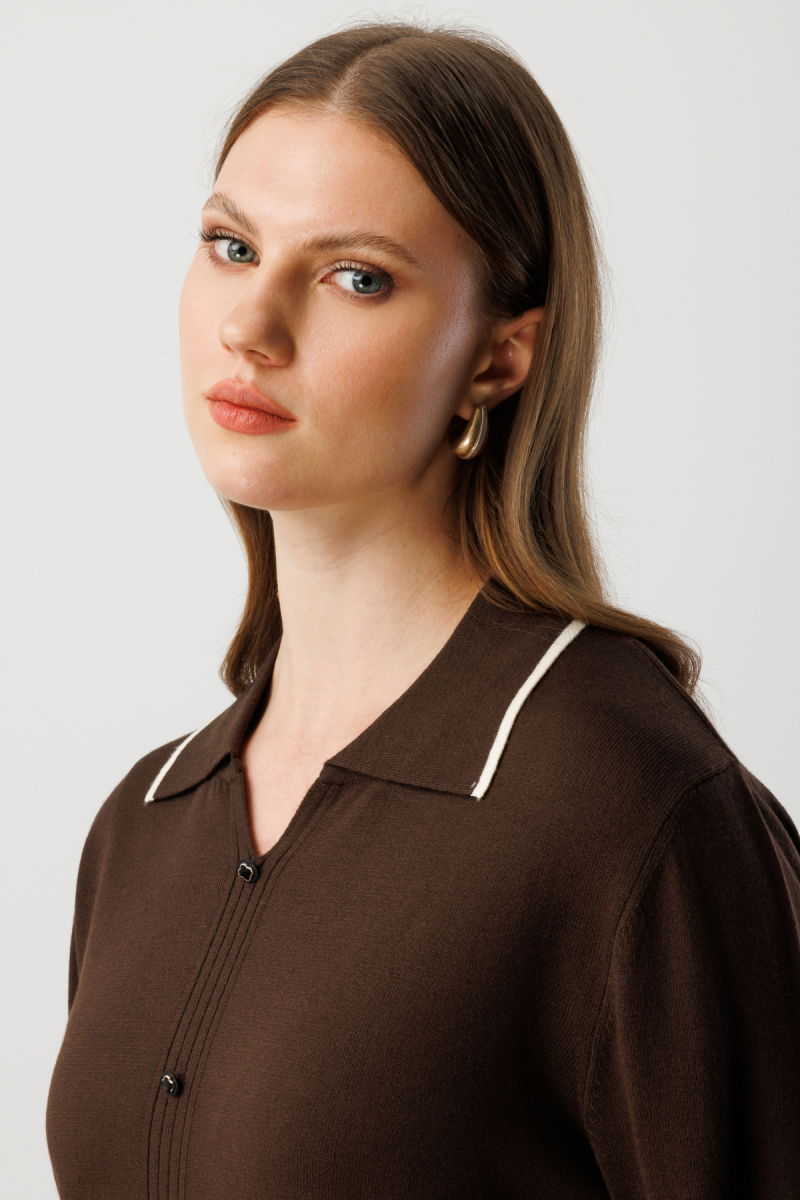 On Kadın Büyük Beden Süs Düğmeli Polo Yaka Triko Kazak 65384 Kahverengi - 2