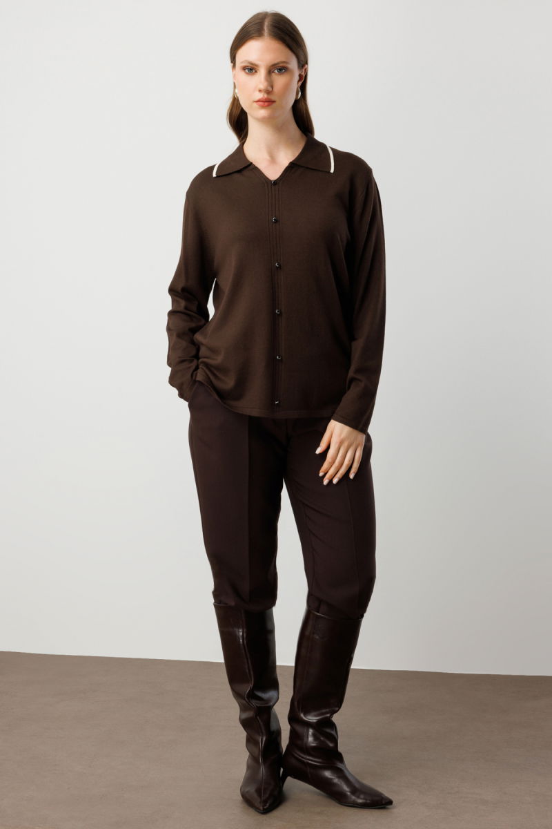 On Kadın Büyük Beden Süs Düğmeli Polo Yaka Triko Kazak 65384 Kahverengi - 3