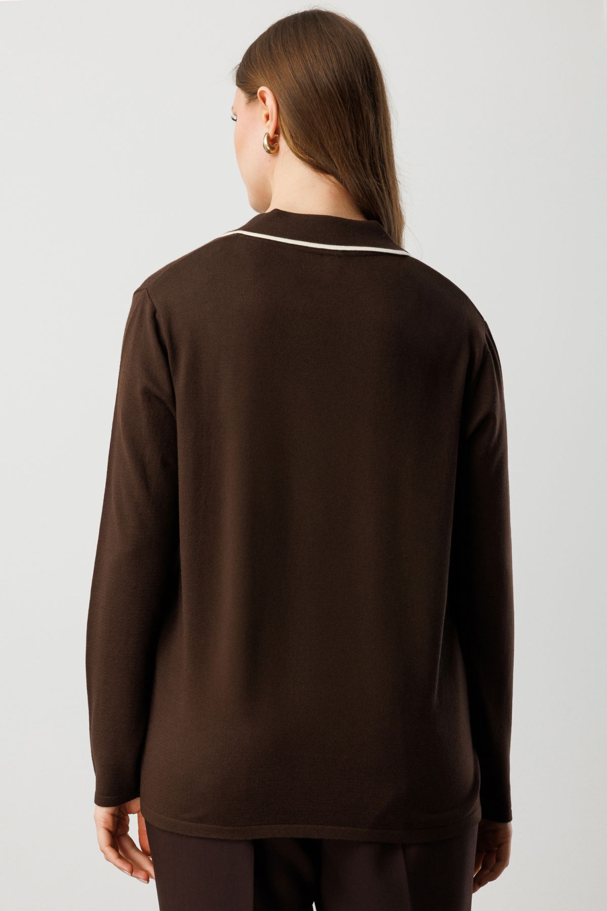 On Kadın Büyük Beden Süs Düğmeli Polo Yaka Triko Kazak 65384 Kahverengi - 4