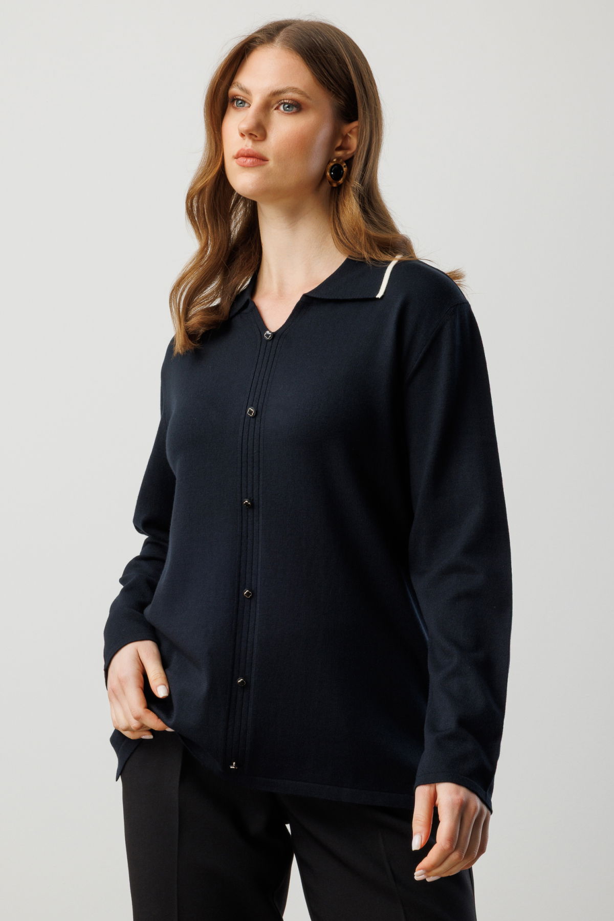 On Kadın Büyük Beden Süs Düğmeli Polo Yaka Triko Kazak 65384 Siyah - 1