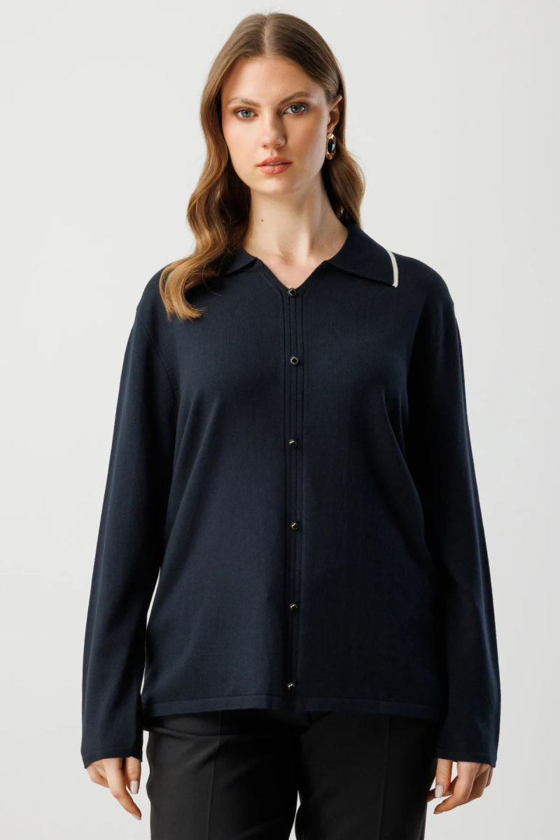 On Kadın Büyük Beden Süs Düğmeli Polo Yaka Triko Kazak 65384 Siyah - 3