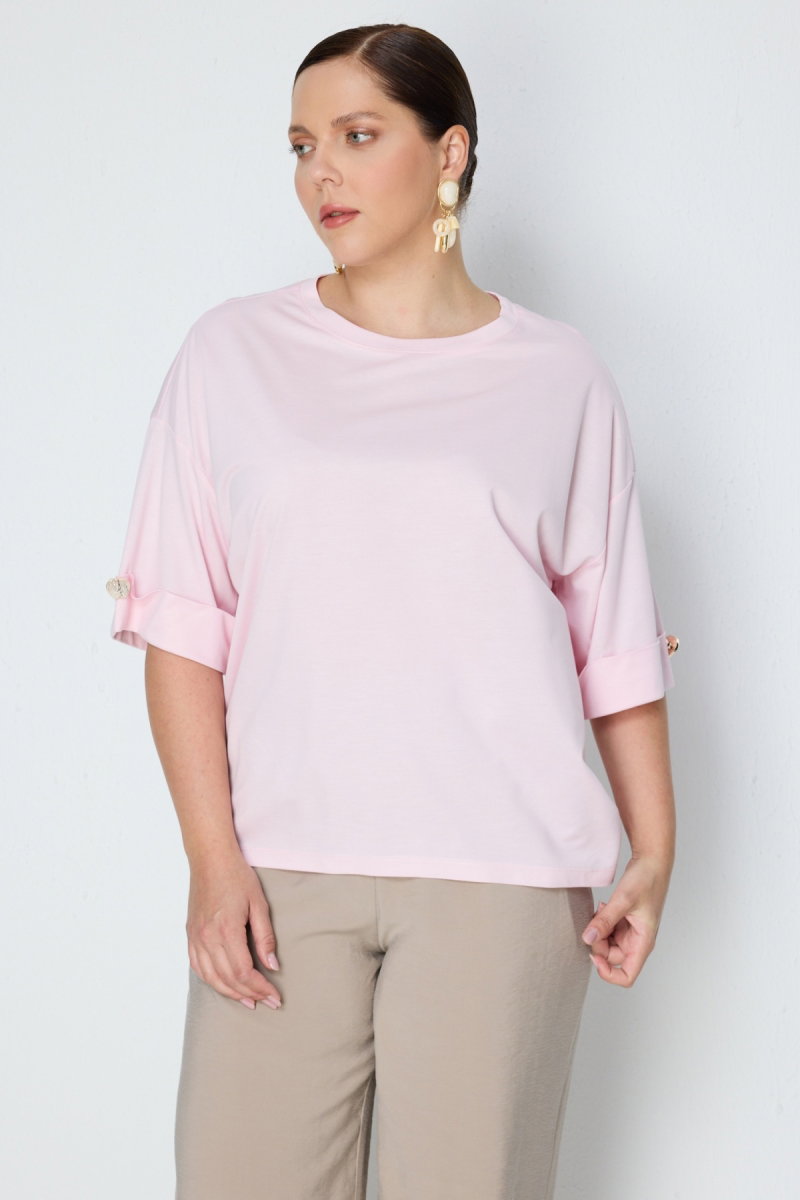 On Kadın Büyük Beden Süs Düğmeli Yarım Kollu Bluz 71490 Pembe - 2