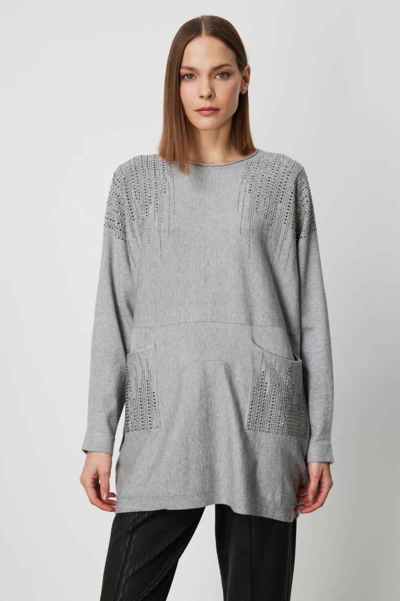 On Kadın Büyük Beden Taş İşlemeli Torba Cepli Kazak 60304 Gri - 1