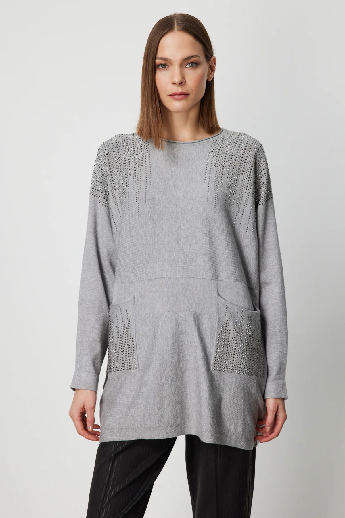 On Kadın Büyük Beden Taş İşlemeli Torba Cepli Kazak 60304 Gri - 1