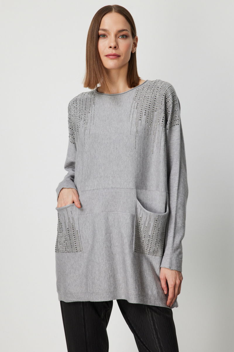 On Kadın Büyük Beden Taş İşlemeli Torba Cepli Kazak 60304 Gri - 2