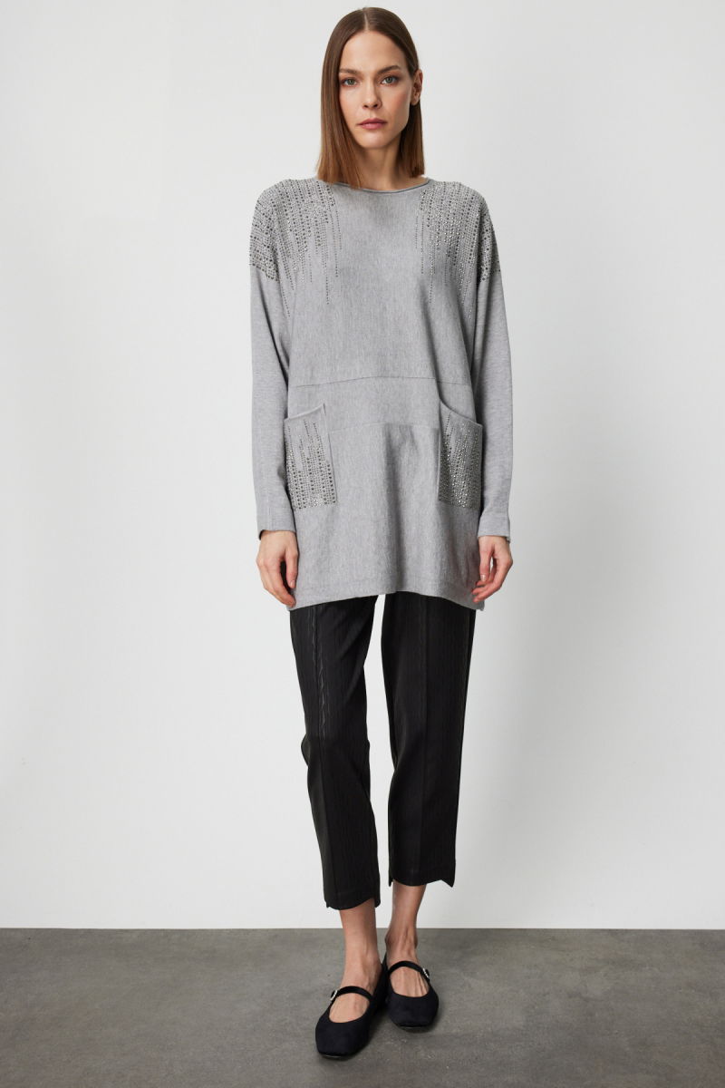 On Kadın Büyük Beden Taş İşlemeli Torba Cepli Kazak 60304 Gri - 3