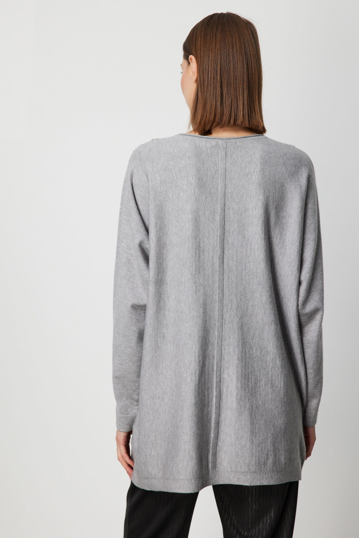 On Kadın Büyük Beden Taş İşlemeli Torba Cepli Kazak 60304 Gri - 4